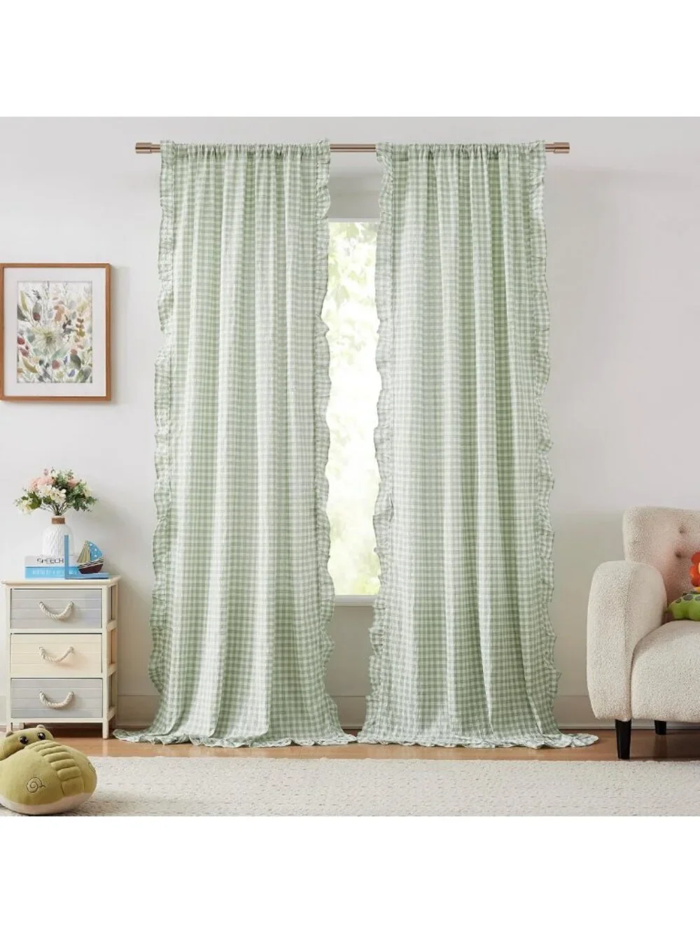 Sage Green Buffalo Plaid Ruffled Window Curtains - 84